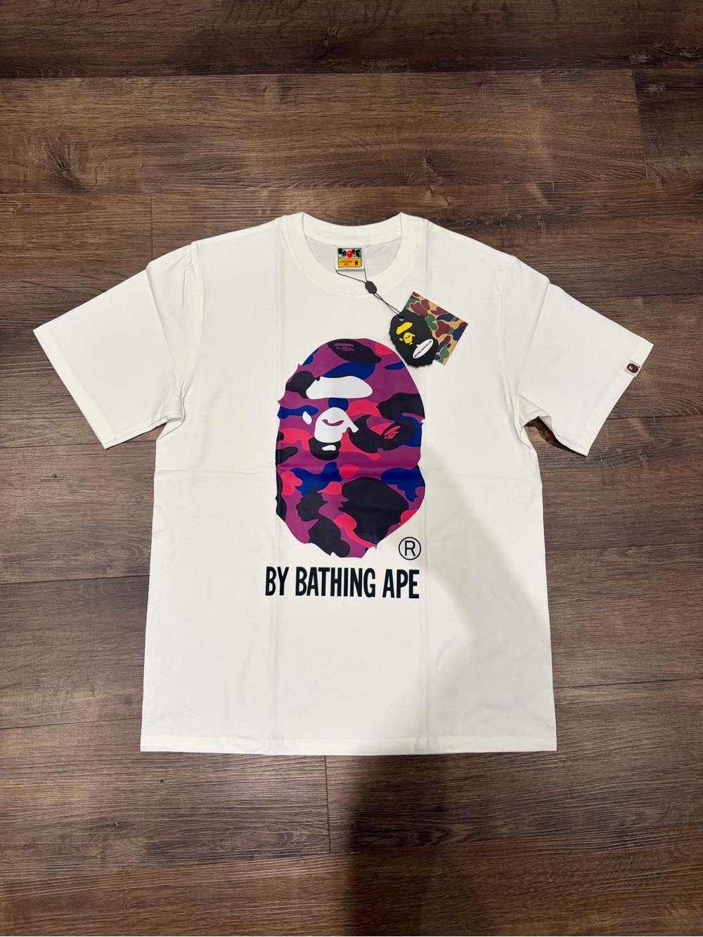 Bape White Tee with Pink Purple & Blue Camo Ape Head Graphic